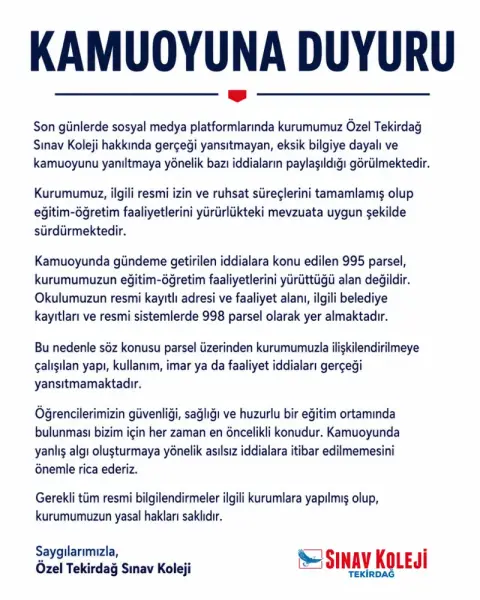 Özel Tekirdağ Sınav Koleji kamuoyu duyurusu